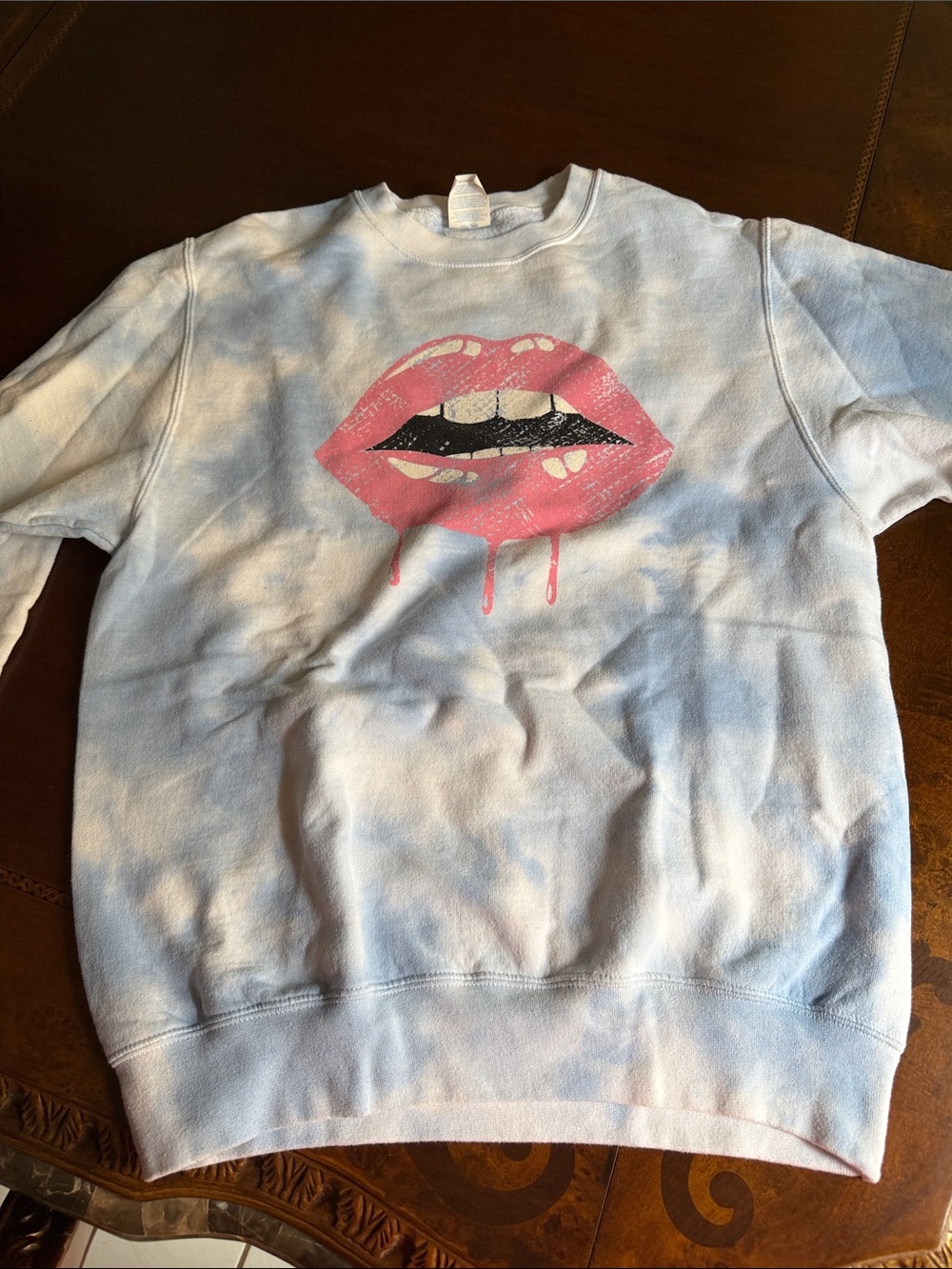 Port and Company Light Blue Tie-Dye Sweatshirt with Pink Lip Graphic